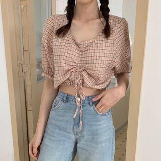 Drawstring Plaid Puff-sleeve Top