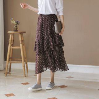 Ruffle-tiered Dot Chiffon Long Skirt