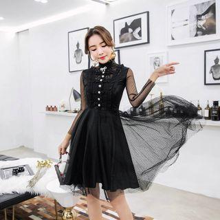 Long-sleeve Lace Panel A-line Mesh Dress