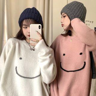 Smiley Face Print Round-neck Sweater