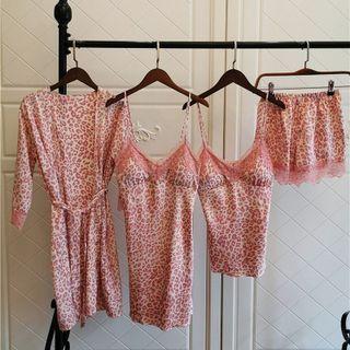 Loungewear Set : Lace Trim Leopard Print Suspender Sleep Dress + Camisole Top + Shorts + Robe