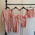 Loungewear Set : Lace Trim Leopard Print Suspender Sleep Dress + Camisole Top + Shorts + Robe