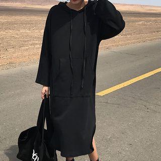 Long-sleeve Midi Hoodie Dress Black - One Size