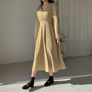 Puff-sleeve Corduroy Long Dress