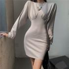 Puff-sleeve Mini Sheath Dress Gray - One Size