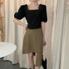 Short-sleeve Square-neck Blouse / Asymmetric Skirt