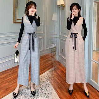 Plain Long-sleeve Knit Top / Plaid Cropped Wide-leg Jumper Pants / Set