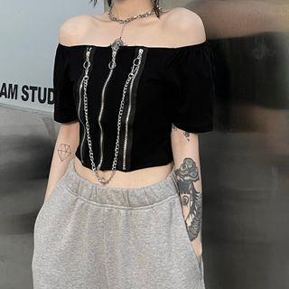 Short-sleeve Off-shoulder Chain Detail Zip-front Crop Top Black - One Size