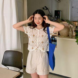 Pointelle-knit Floral Cardigan