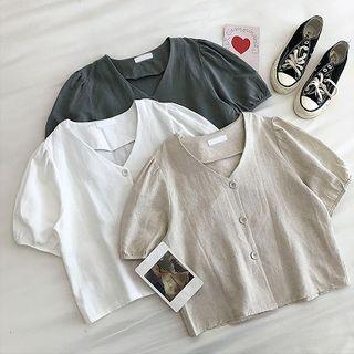 Plain V-neck Single-breasted Puff-sleeve Blouse