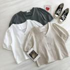 Plain V-neck Single-breasted Puff-sleeve Blouse