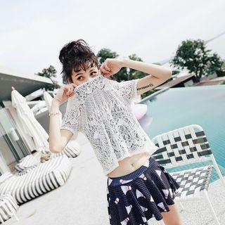 Set: Badminton Print Dotted Tankini + Lace Cover-up