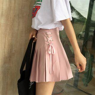 Lace-up Plain Loose-fit Pleated Skirt
