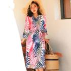 Leaf Print 3/4-sleeve Midi Dress With Cord