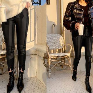Slit-hem Fleece-lined Skinny Pants