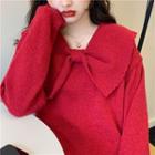 Bow-accent Long-sleeve Loose-fit Sweater Red - One Size