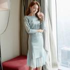 Set: Faux-pearl Detail Sweater + Mesh Panel Knitted Skirt