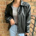 Drawstring-hem Faux-leather Jacket Black - One Size