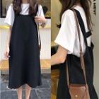 Set: Plain Short-sleeve T-shirt + Midi A-line Pinafore Dress