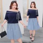 Set: Contrast Trim Elbow-sleeve T-shirt + Striped A-line Skirt