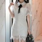 Short-sleeve Mesh Paneled Lace A-line Mini Dress