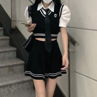 Short-sleeve Neck Tie Shirt / Sweater Vest / Pleated Skirt