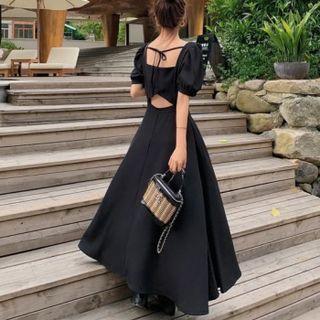 Puff-sleeve Open-back Maxi A-line Dress
