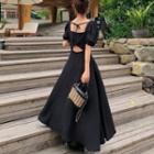 Puff-sleeve Open-back Maxi A-line Dress