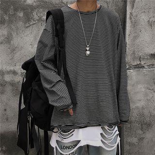 Striped Distressed Long-sleeve T-shirt Stripe - Black & White - One Size