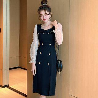 Long-sleeve Mesh Panel Slit Midi Bodycon Dress