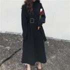 Plain Long-sleeve Loose-fit Knit Dress With Belt Black - One Size
