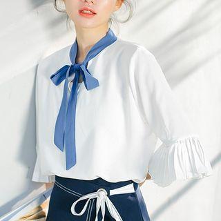 Tie Neck Elbow-sleeve Top / Wrap A-line Skirt