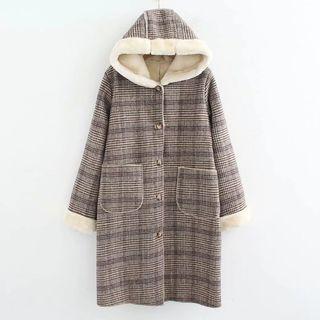 Hooded Plaid Single-breasted Coat