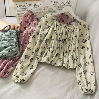 Boatneck Rose-print Ruched Top