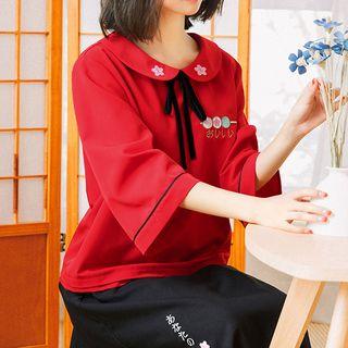 Tie-neck Embroidered Elbow-sleeve Top
