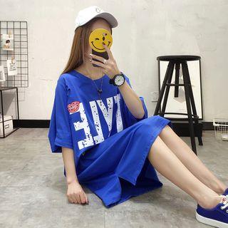 Lettering Ripped Short-sleeve T-shirt Dress