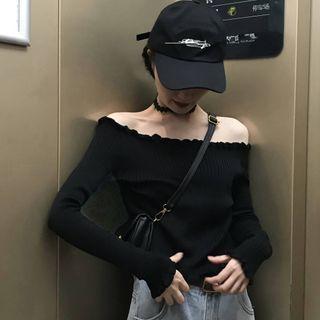 Long-sleeve Off Shoulder Knit Top Black - One Size