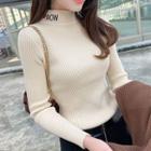 Mock Neck Long-sleeve Letter Heart Embroidered Knit Top