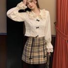 Bell-sleeve Lace Panel Blouse / Plaid Mini A-line Skirt
