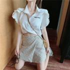 Ruffled Short-sleeve Shirt / Plaid Mini A-line Skirt