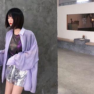 Metallic Top / Plain Long-sleeve Loose-fit Shirt / Sequined Shorts