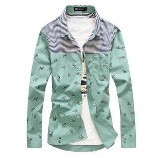 Long-sleeve Printed Striped Panel Shirt