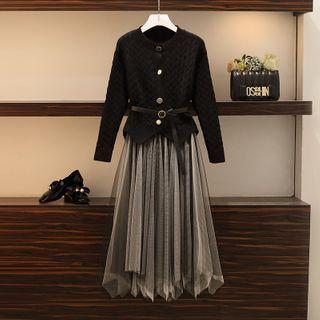 Set: Asymmetrical Cardigan + Mesh Midi A-line Skirt