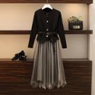 Set: Asymmetrical Cardigan + Mesh Midi A-line Skirt