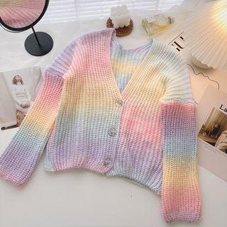 V-neck Color Block Cardigan Pink - One Size