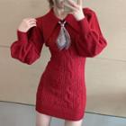 Long-sleeve Collared Cable Knit Mini Sheath Dress