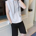 Set: Sleeveless Lettering Hooded T-shirt + Shorts