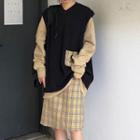 Long-sleeve Plain Sweatshirt / V-neck Plain Knit Vest / High-waist Contrast Plaid Skirt