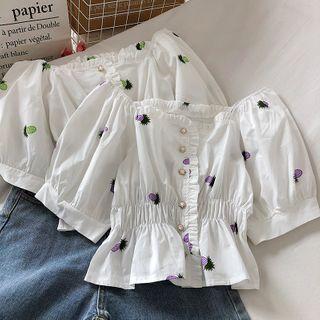 Fruit Print Elastic-waist Puff-sleeve Blouse