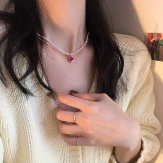 Heart Layered Necklace Red - One Size